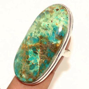 Huge Unisex Chrysocolla Silver Plated Ring